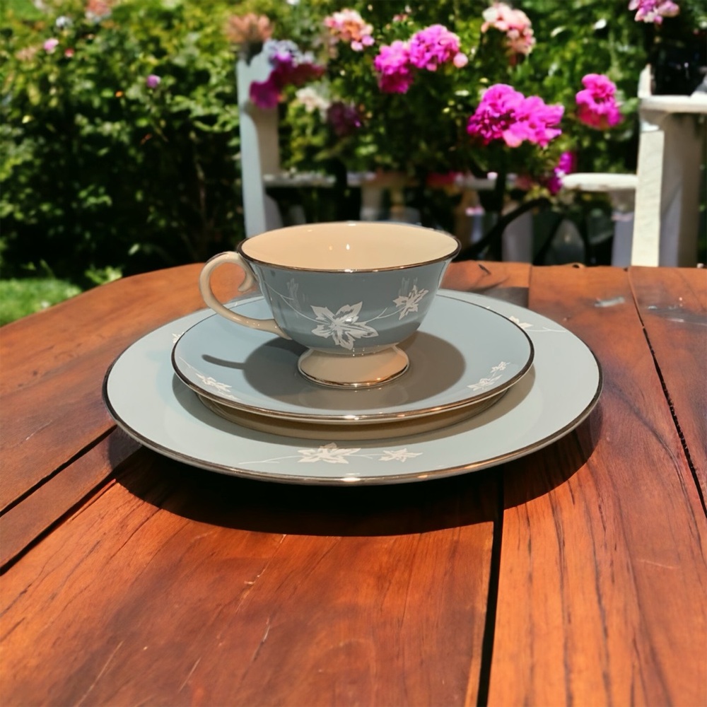 Flintridge China Misty Leaf Blue Teacup, Saucer & Dessert Plate